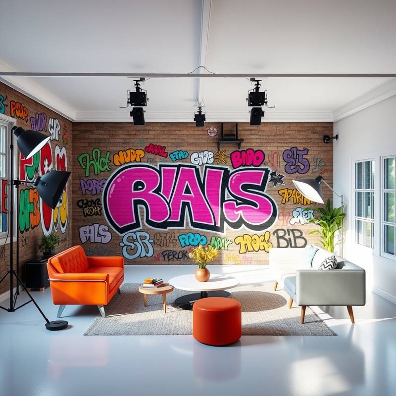 A brightly colored photo studio room with a graffiti wall and modern furniture.