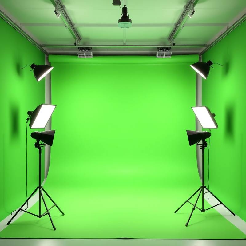 A green screen photo studio with professional lighting, perfect for video production and special effects photography.