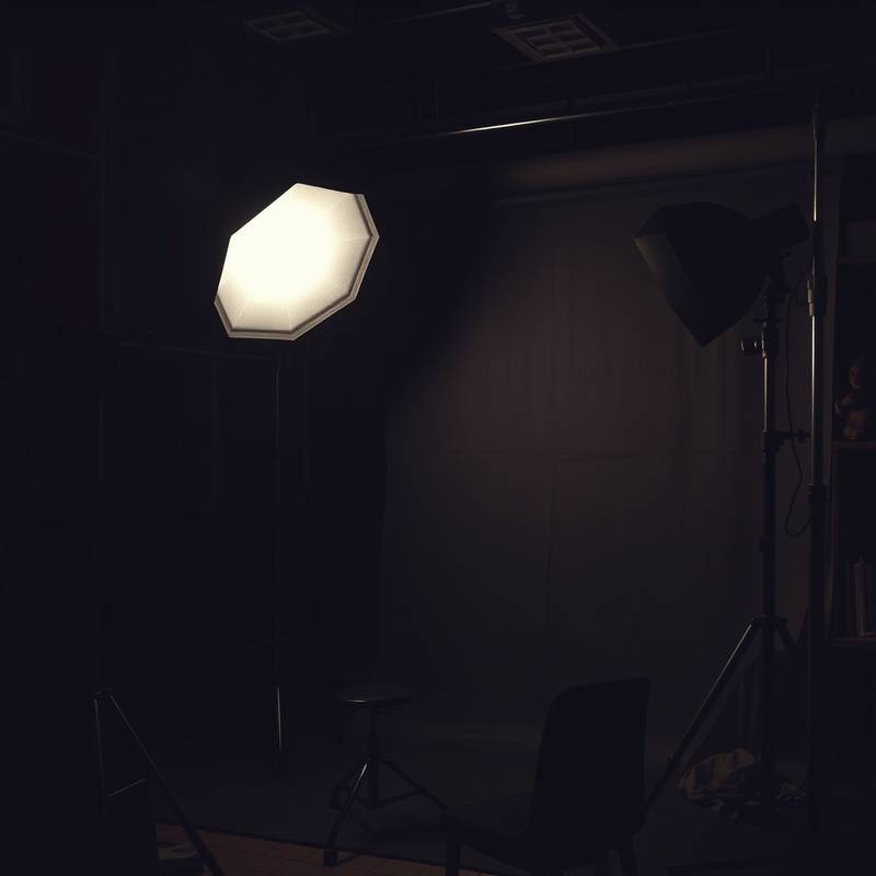 A photo studio room with a vintage aesthetic and dark, moody lighting.