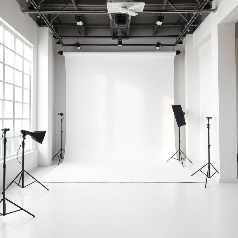 A spacious photo studio room with natural light and white backdrop.