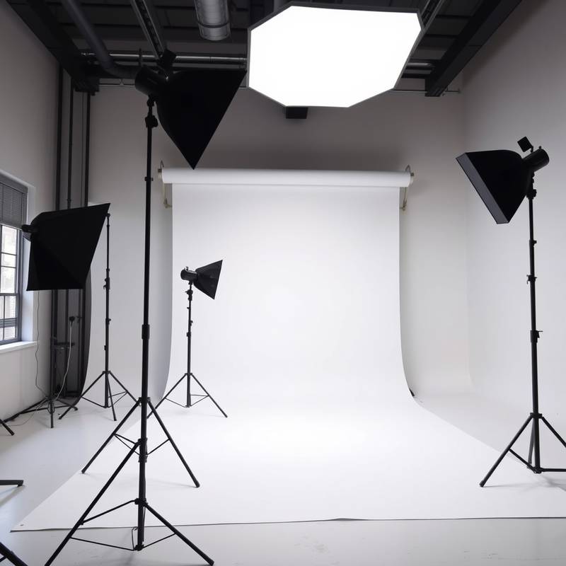 A spacious, well-lit photo studio room with a pristine white backdrop and professional lighting equipment.
