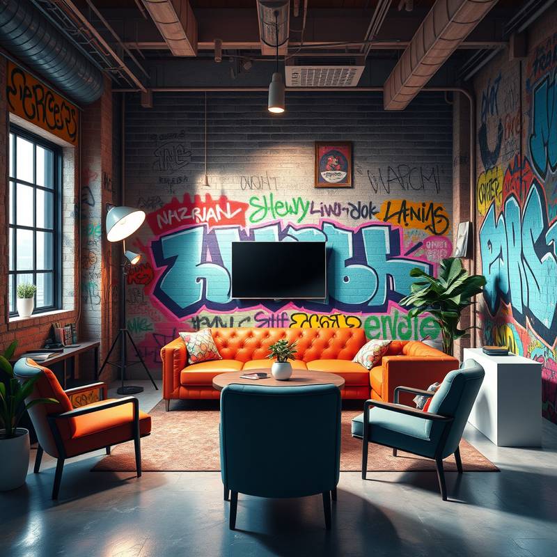 A vibrant, urban-themed photo studio room with a colorful graffiti wall, modern furniture, and dynamic lighting.