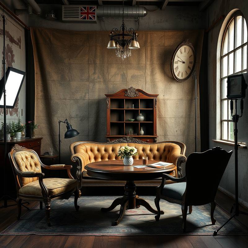 A vintage-themed photo studio room with antique furniture, a rich, textured backdrop, and moody lighting.