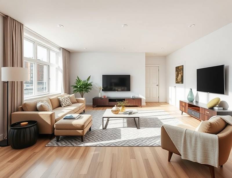 A wide-angle shot of a modern living room, showcasing its spaciousness and design.