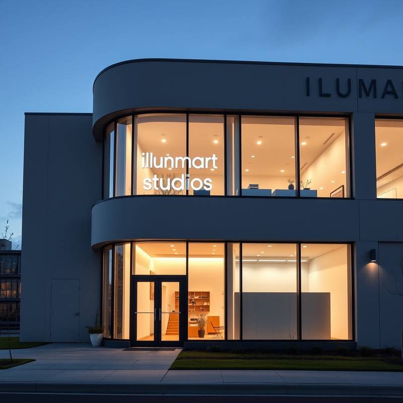 Exterior view of IlluminArt Studios, a modern building with large windows.