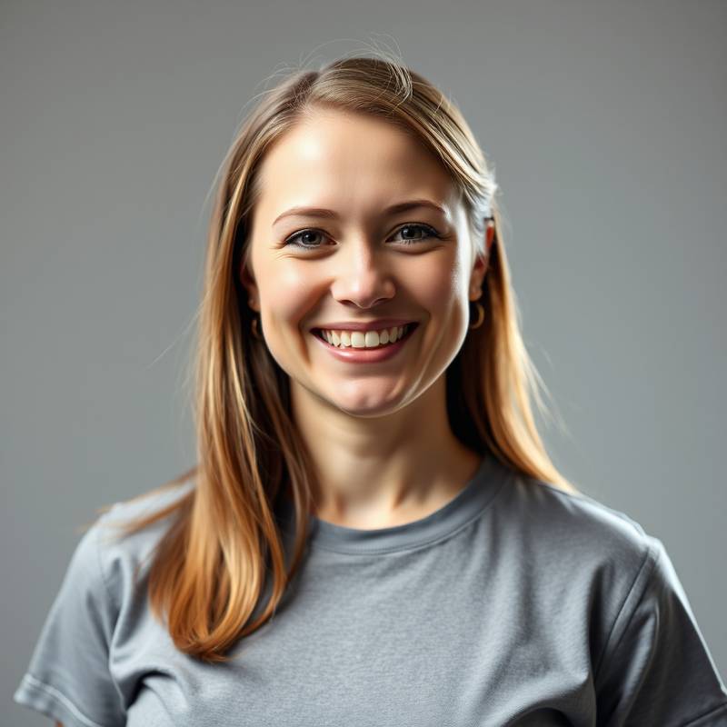 Headshot of Sarah Williams, Lighting Technician at IlluminArt Studios. She is smiling and wearing a studio t-shirt.